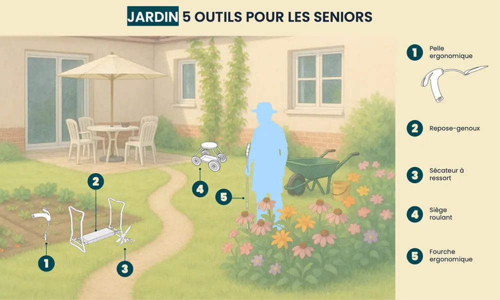 Infographie - Jardin : 5 outils pour les seniors (description détaillée ci-dessous)