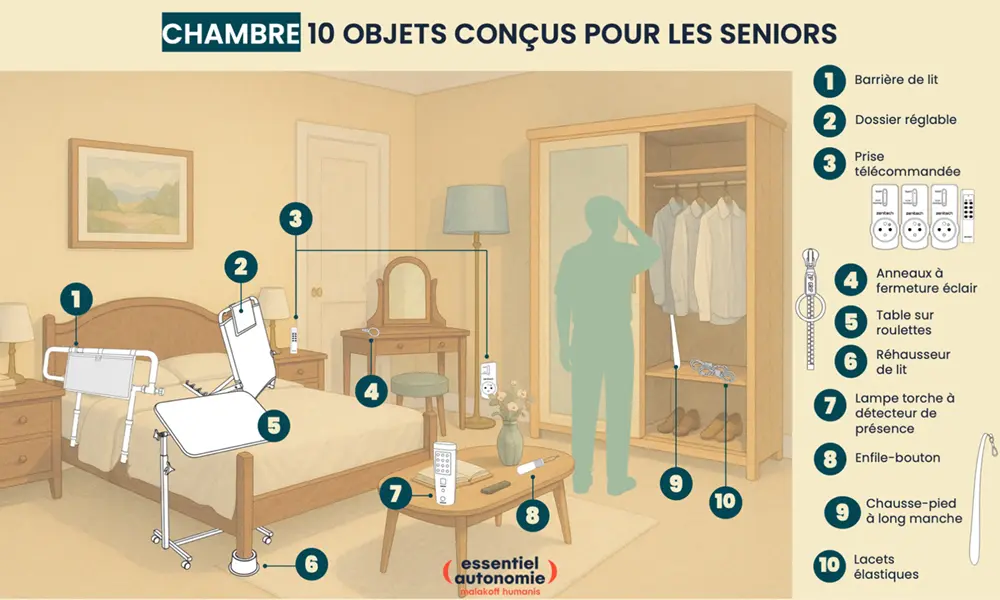 Infographie - Chambre : 10 objets conçus pour les seniors (description détaillée ci-dessous)