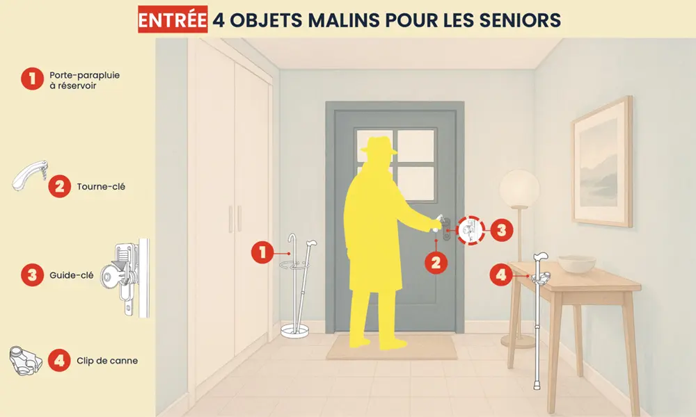 Infographie - Entrée : 4 objets malins pour les seniors (description détaillée ci-dessous)