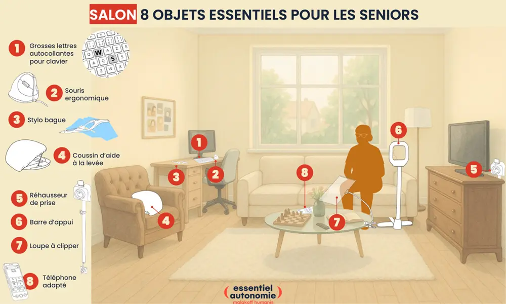 Infographie - Salon : 8 objets essentiels pour les seniors (description détaillée ci-dessous)